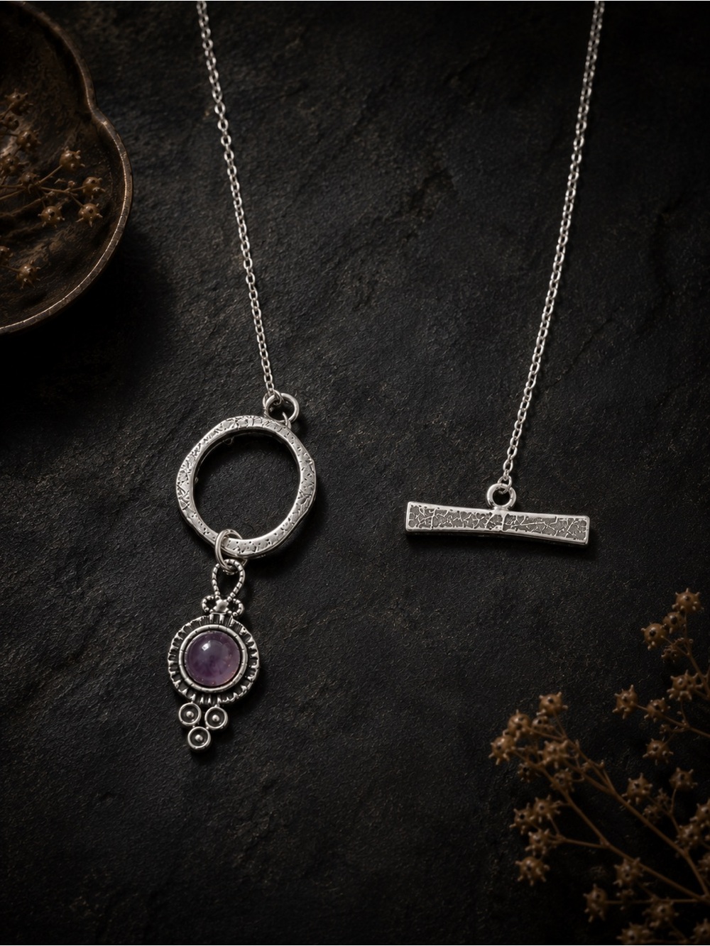 Silver Toggle Necklace Purple Stone Artisan Necklace - Picture 5 of 6